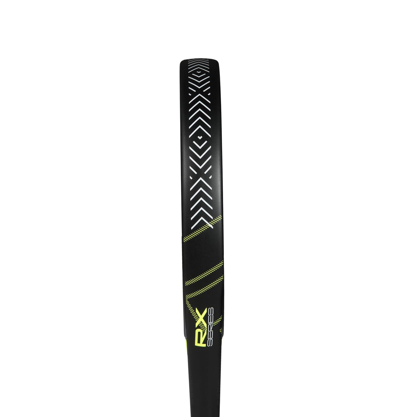 Close-up of a black ADIDAS RX Series Lime 3.4 padel racket edge with white chevron patterns and yellow diagonal lines. "RX SERIES" is highlighted in yellow and white near the handle, ideal for intermediate players; set against a plain white background.
