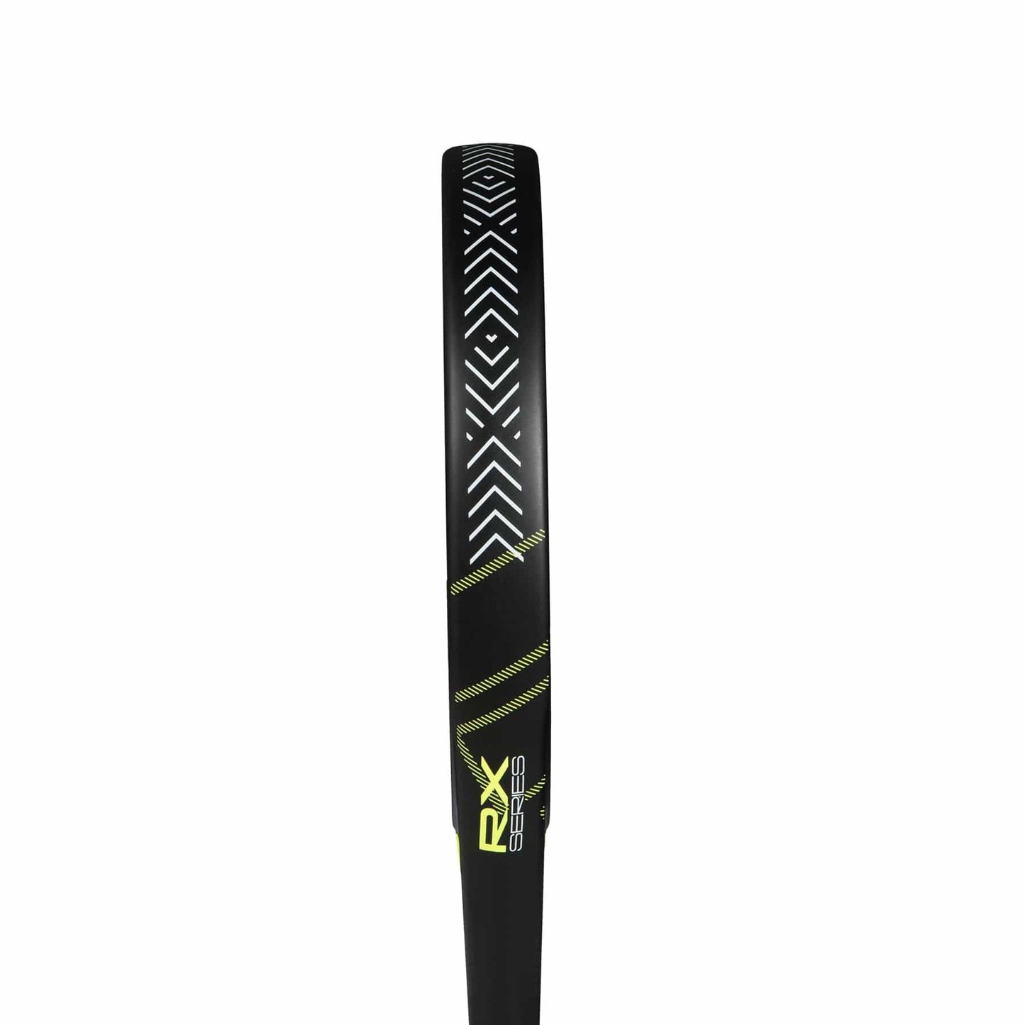 Close-up of a black ADIDAS RX Series Lime 3.4 padel racket edge with white chevron patterns and yellow diagonal lines. "RX SERIES" is highlighted in yellow and white near the handle, ideal for intermediate players; set against a plain white background.