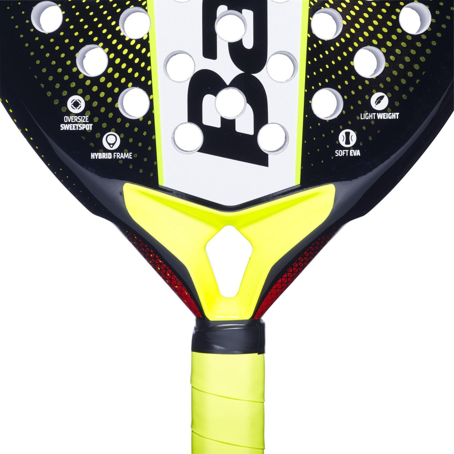 Close-up of the Babolat Counter Origin Padel Racket - Black / Yellow, highlighting its perforated surface, grip, and features like Oversize Sweetspot, Hybrid Frame, Light Weight, and Soft EVA printed on its face.