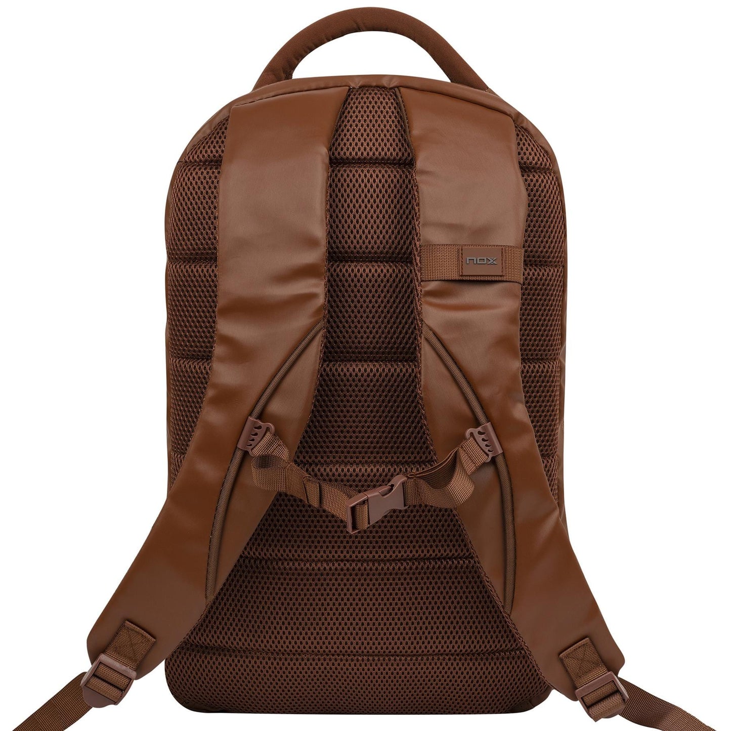 The NOX Pro Series Padel Backpack - Camel is shown from the back, displaying padded mesh panels for ventilation, adjustable shoulder straps with a chest buckle, a top handle, and the NOX logo on the upper part.