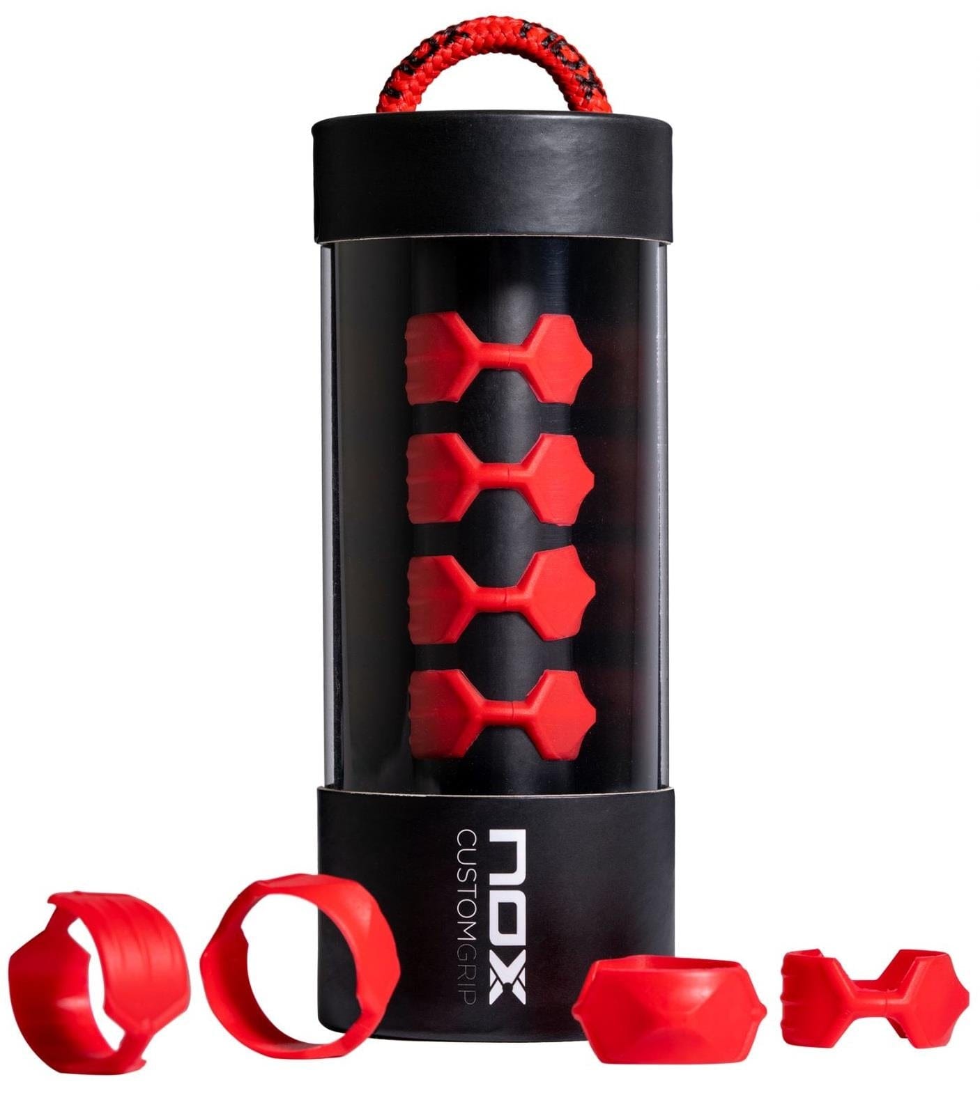 A black cylindrical container with a transparent window showcases six red hexagonal NOX Padel Custom Grip silicone rings stacked inside, along with four red vibration-damping grips in front. The label displays "NOX.