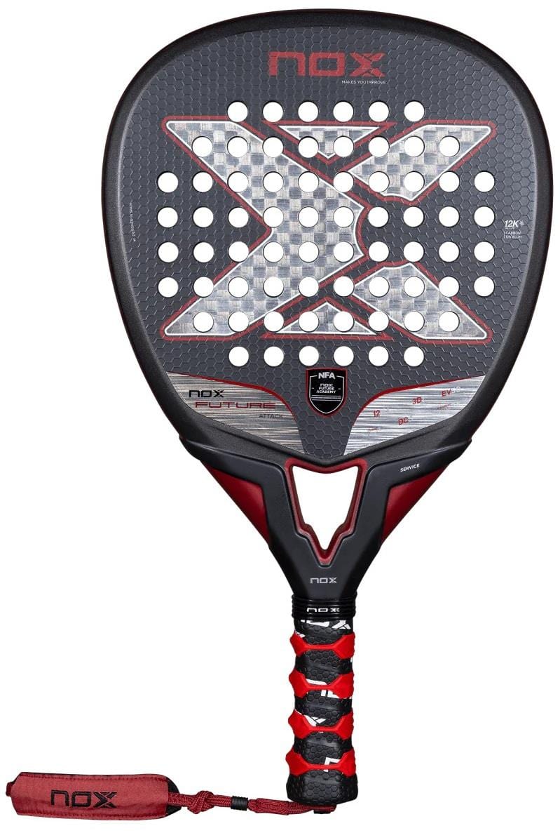 The NOX NFA Future Attack 12K Alum Padel Racket in black and red features a bold "X" design, multiple holes, and a matching grip with wrist strap, crafted by NOX using Carbon Alum 12K for enhanced performance.