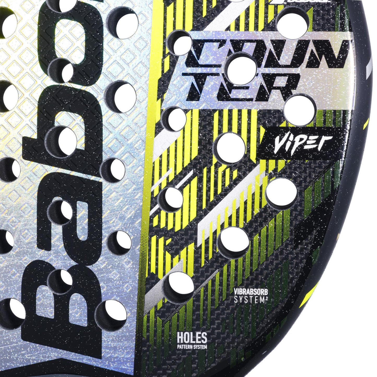Close-up of the Babolat Counter Viper 2.5 Padel Racket in black/yellow features bold "BABOLAT" text with a reflective finish and "COUNTER VIPER 2.5" labels. Yellow/black stripes and circular holes enhance precision, aided by X-EVA technology on the textured surface.