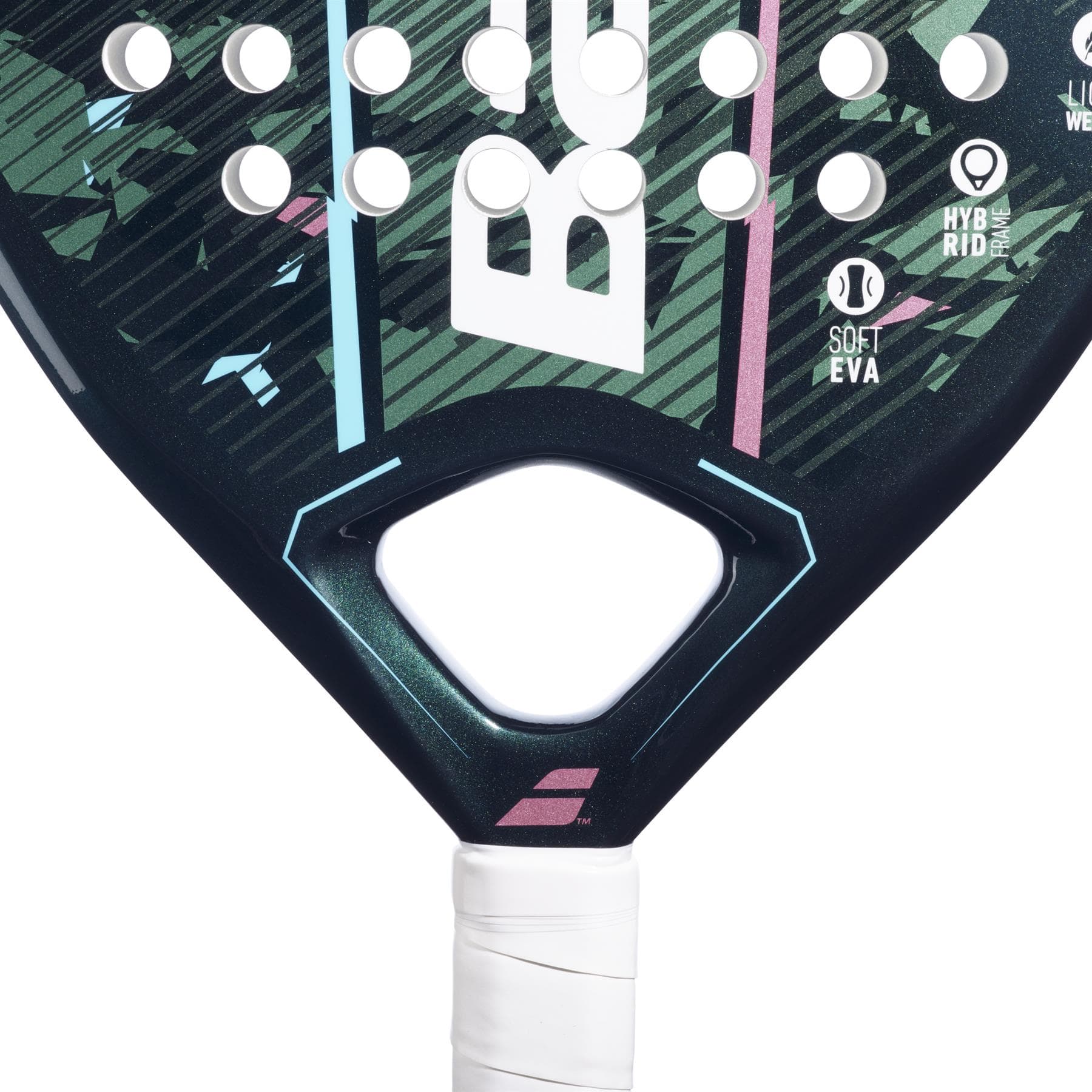 Close-up of the Babolat Reveal Padel Racket - Dark Green / Pink, ideal for beginner padel players. It features a dark green frame with colorful stripes and round holes, equipped with "HYBRID," "SOFT EVA," and "3D SPIN" technologies. The racket is crafted from a carbon fiber and fiberglass composite, and its handle is wrapped in white grip tape.