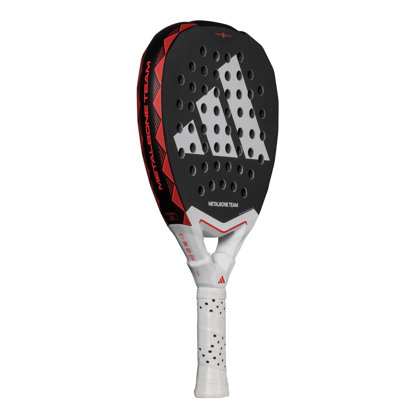 The adidas Metalbone Team 3.4 Padel Racket in black/red features a sleek design for advanced players, showcasing a bold white logo and "Metalbone Team" text. Its distinct perforated white handle with a red logo near the grip combines style with performance.