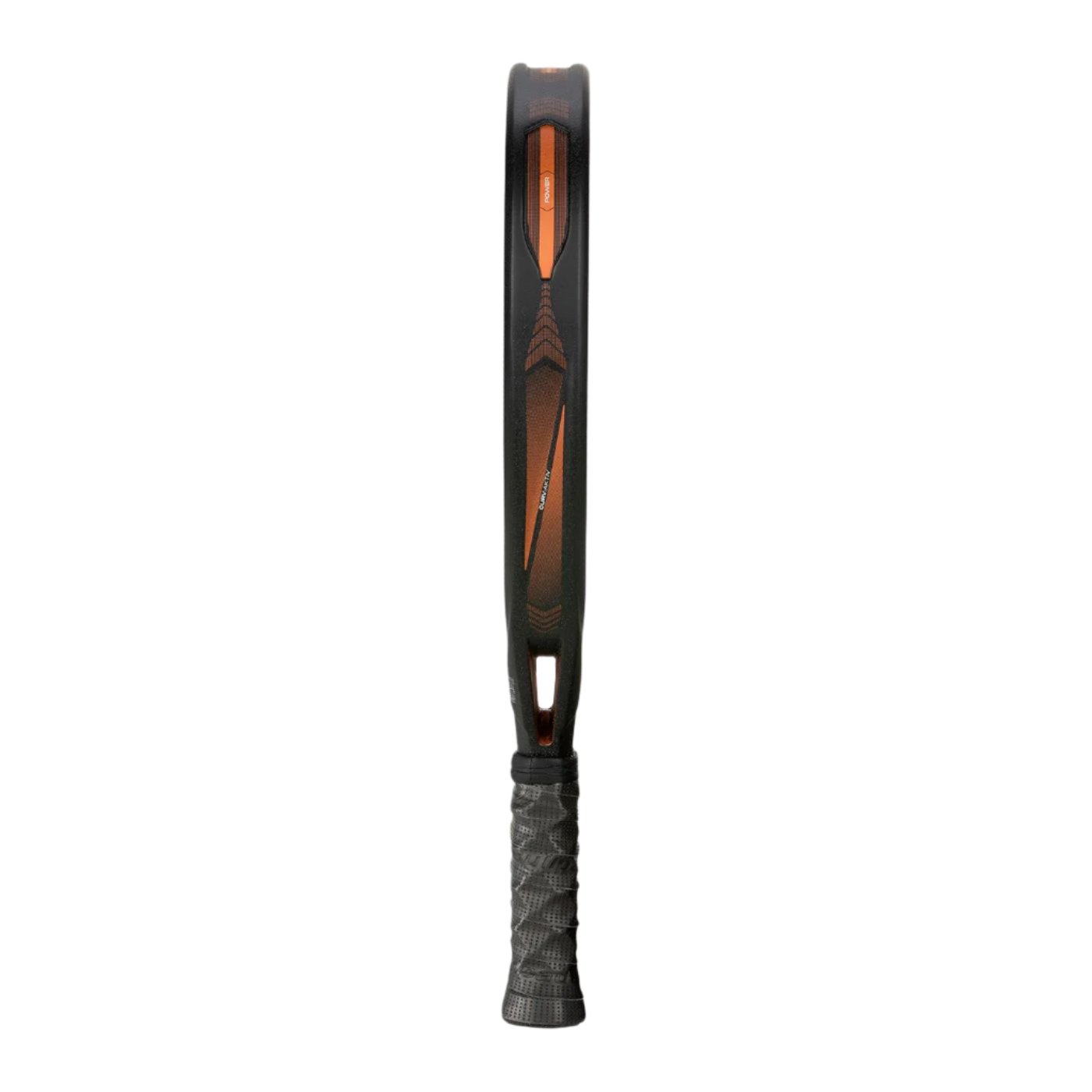 The side view of the Bullpadel Vertex 04 2025 Padel Racket - Black / Copper highlights its black and copper frame. The strings are not visible, and the handle features a textured grip. The design accentuates the racket's slim profile against a white background, providing optimal control for every game.