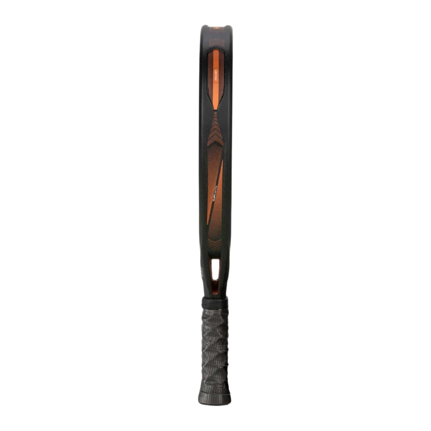 The side view of the Bullpadel Vertex 04 2025 Padel Racket - Black / Copper highlights its black and copper frame. The strings are not visible, and the handle features a textured grip. The design accentuates the racket's slim profile against a white background, providing optimal control for every game.