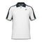 Introducing the HEAD Performance Play Tech Men's Polo Shirt - WHCE: a stylish white polo featuring distinctive black panels on the shoulders and green accents on the sleeves. Designed by HEAD for enhanced breathability, it includes a classic collar, a slightly open placket for added comfort, and a subtle logo on the left chest.