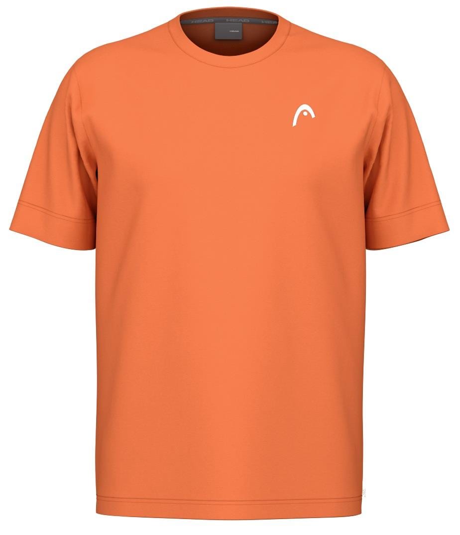 The HEAD Slice II Mens Padel T-Shirt - CN is an orange, short-sleeve top made from 100% polyester interlock fabric. It features a small white logo on the chest and has Moisture Transfer Microfiber technology to keep you cool and dry.