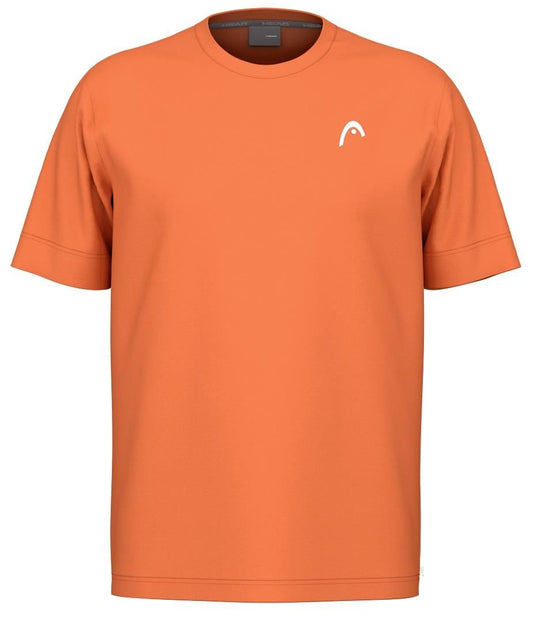 The HEAD Slice II Mens Padel T-Shirt - CN is an orange, short-sleeve top made from 100% polyester interlock fabric. It features a small white logo on the chest and has Moisture Transfer Microfiber technology to keep you cool and dry.