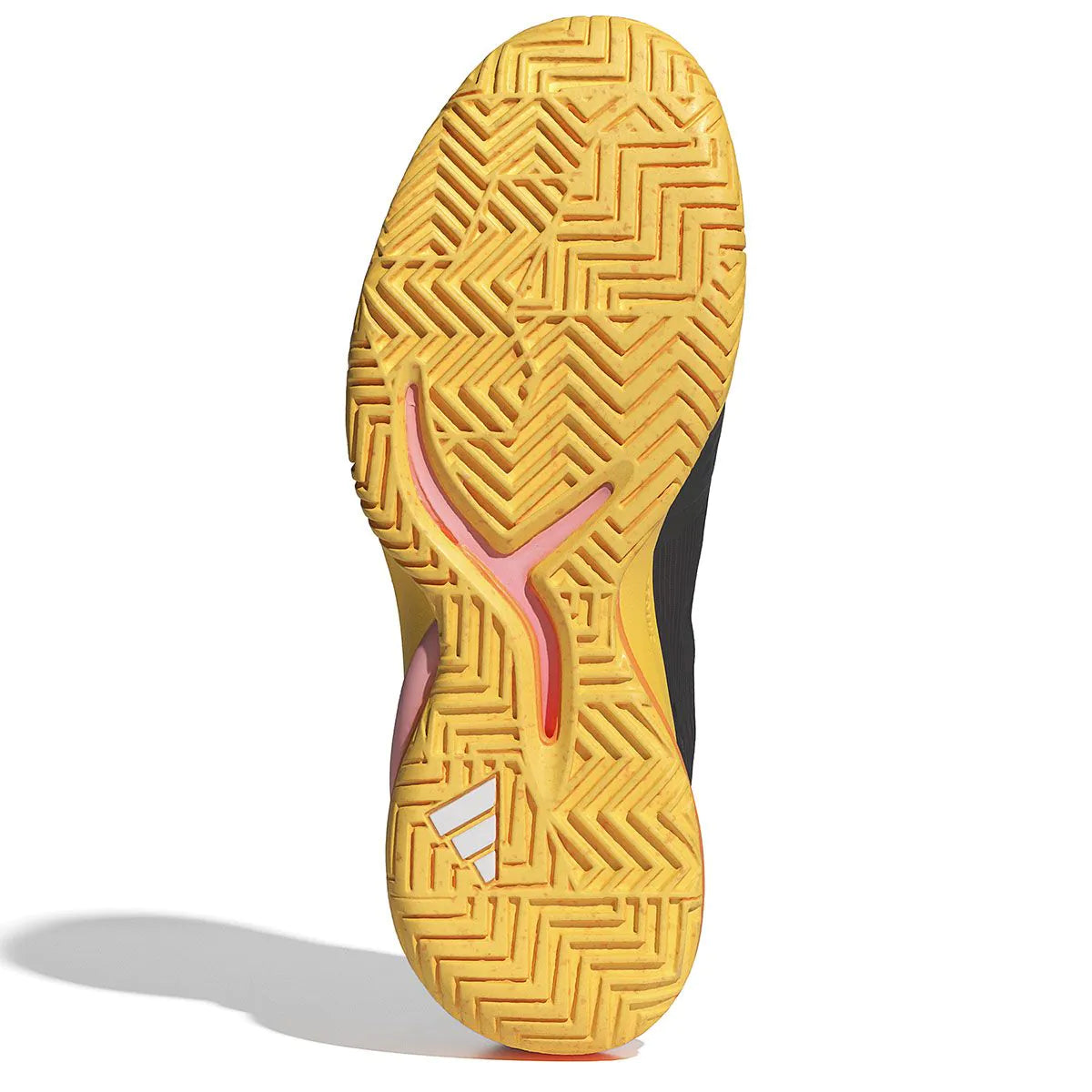 The image showcases the sole of an ADIDAS Adizero Cybersonic Men's All Court Shoe in Aurora Black, Zero Metallic, and Spark. It features a herringbone pattern in vibrant yellow and orange colors, complemented by pink accents and a small white logo near the heel. Its design includes Energy Rods to provide enhanced traction and stability on all court surfaces.