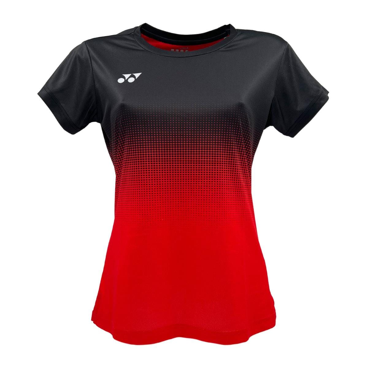 The Yonex YTL5 Women's Padel T-Shirt in red and black is a short-sleeve athletic shirt featuring a gradient design with a white chest logo. Made from moisture-wicking polyester, it offers advanced fabric technology for improved breathability and sports performance.