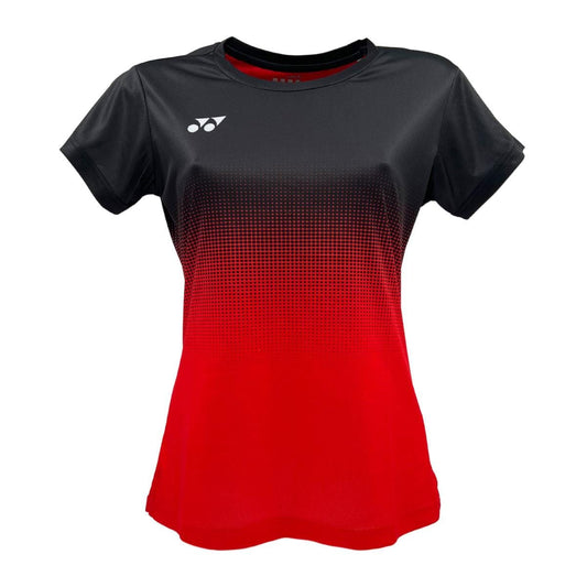 The Yonex YTL5 Women's Padel T-Shirt in red and black is a short-sleeve athletic shirt featuring a gradient design with a white chest logo. Made from moisture-wicking polyester, it offers advanced fabric technology for improved breathability and sports performance.
