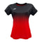 The Yonex YTL5 Women's Padel T-Shirt in red and black is a short-sleeve athletic shirt featuring a gradient design with a white chest logo. Made from moisture-wicking polyester, it offers advanced fabric technology for improved breathability and sports performance.