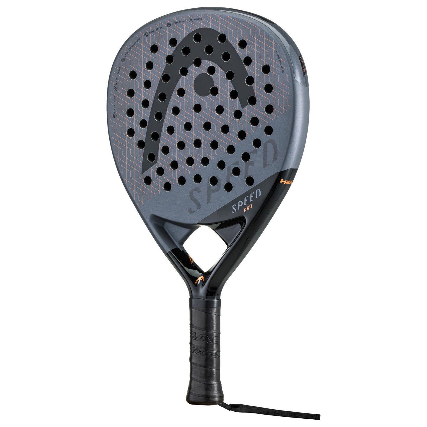 Introducing the HEAD Speed Pro 2023 Padel Racket - Black, ideal for advanced level players. This black racket features cutting-edge Auxetic technology, a perforated face, and an ergonomic handle. The prominent logo adds style, while the wrist strap provides added security during intense matches.