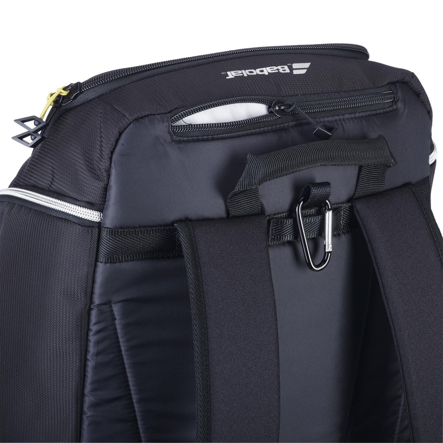 Close-up of the Babolat RH Perf Padel 2nd Gen Backpack in Black/Silver, featuring padded shoulder straps, a carrying handle, zipper pocket, and metal hook. Ideal for padel players seeking a high-performance bag from Babolat.