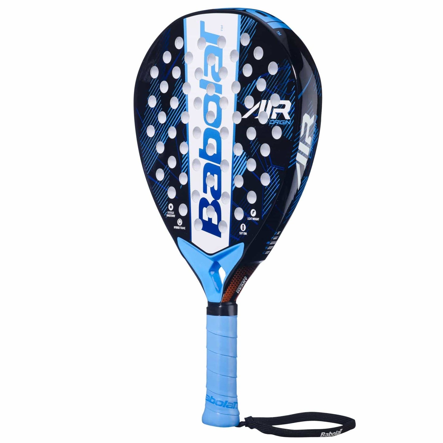 The Babolat Air Origin Padel Racket - Blue features a black and blue design with a light blue grip, white Babolat branding, a wrist strap, an oversized sweet spot, and a patterned surface of white dots for versatility.