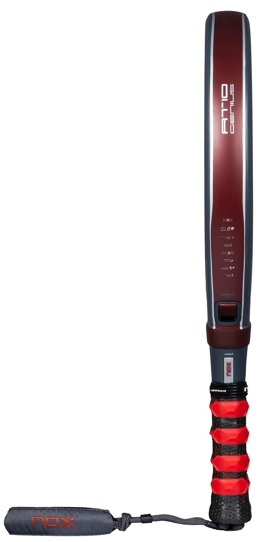 The NOX AT10 Luxury Genius 12K By Agustin Tapia 2025 Padel Racket, in red and black with "AT10 GENIUS" on the side, features a 12K carbon fibre face, a matching grip, and a gray wrist strap branded "NOX.