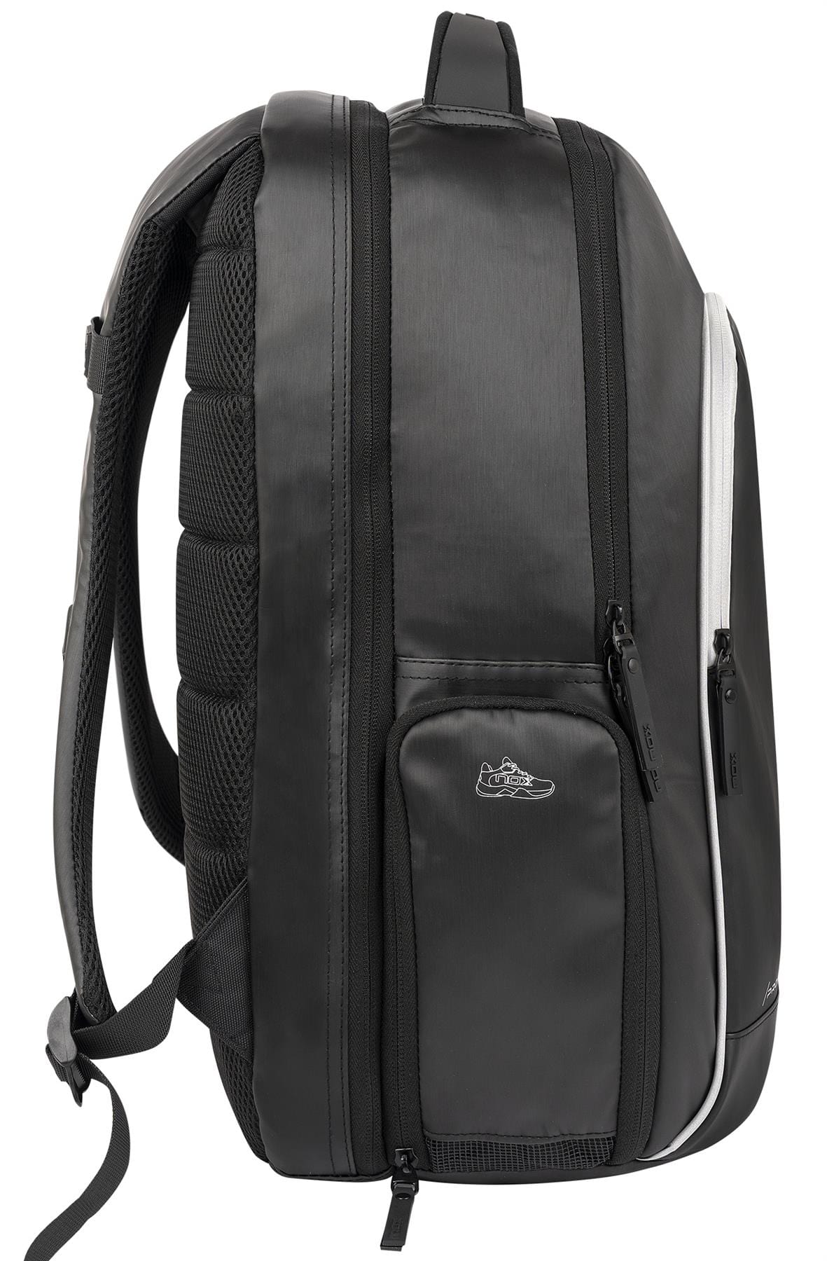 The NOX Pro Series Padel Backpack - Black by NOX has padded straps, a spacious main compartment, multiple zippered pockets including a front pocket, and breathable mesh padding on the back for comfort.