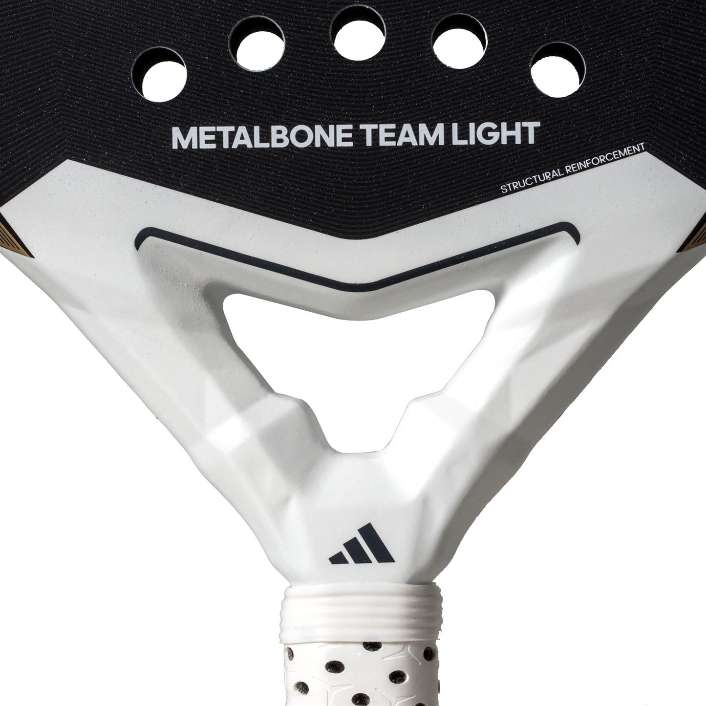 Close-up of the ADIDAS Metalbone Team Light 3.4 Padel Racket in black and white. It features "METALBONE TEAM LIGHT" and "STRUCTURAL REINFORCEMENT." Designed for advanced players, it has a handle wrapped in white perforated material.