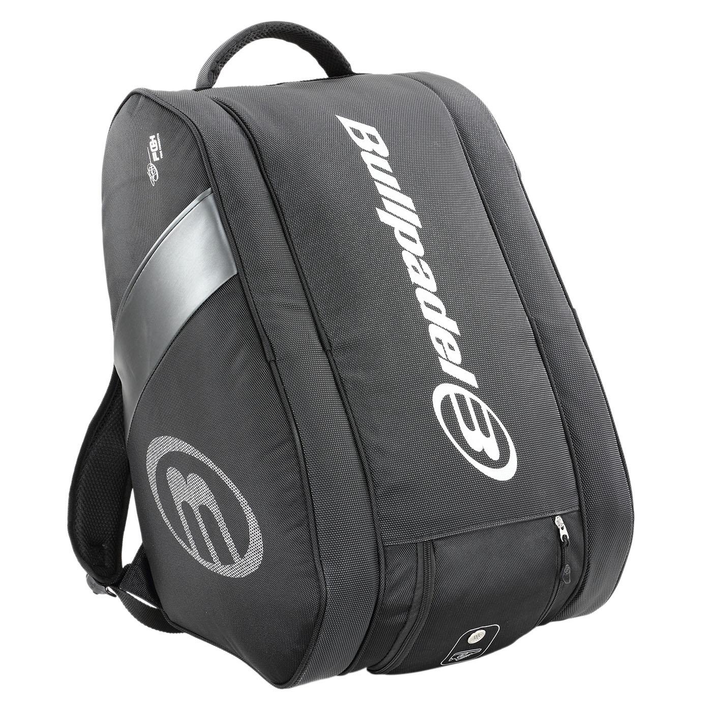 The Bullpadel Neuron 25 Padel Racket Bag in black features a sleek design with a spacious main compartment for your Flow Padel Racket or sports gear, plus a side zippered pocket and silver logo, serving elegantly as both a backpack and racket bag for any padel enthusiast.