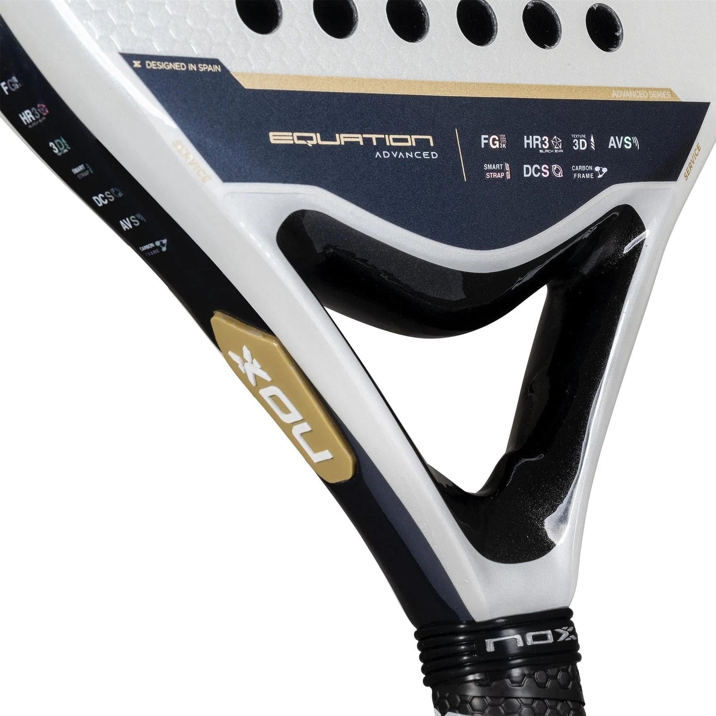 Close-up of the NOX Equation Advance Series Padel Racket in white and black, designed for intermediate players, showing the throat area, NOX branding, and technical specs on its frame.