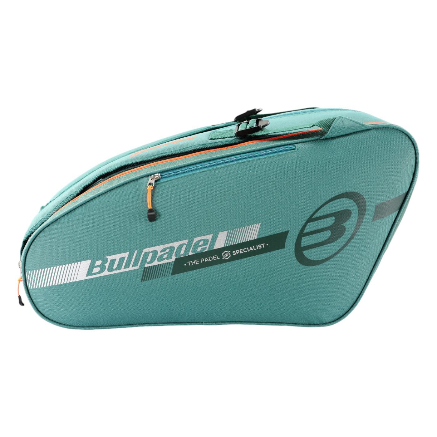 The Bullpadel Tour 25 Teal Padel Racket Bag features a curved design with zippered compartments, including a padded compartment for racket protection. It displays the Bullpadel logo, has black and white accents, and reads "The Padel Specialist." Lightweight and ideal for athletes on-the-go.