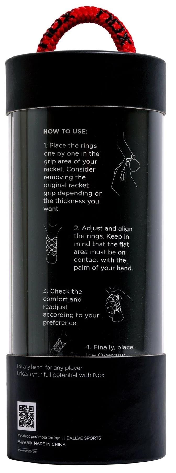 The NOX Nox Padel Custom Grip - Red comes in a black cylindrical container with a red braided handle, featuring illustrated, step-by-step instructions on its label. The grip is suitable for any hand and ideal for managing tennis elbow.