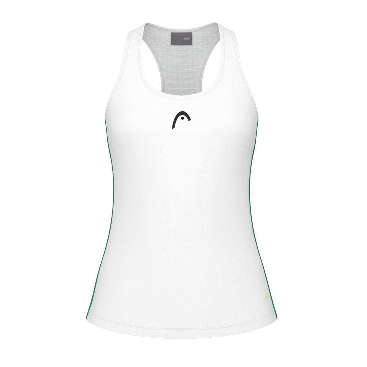 The HEAD Spirit Women's Padel Tank Top by HEAD showcases a white sleeveless design with a centrally placed black logo, enhanced by green accents. Made with Moisture Transfer Microfibre for superior breathability, this tank features a racerback style that combines comfort and fashion.