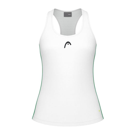 The HEAD Spirit Women's Padel Tank Top by HEAD showcases a white sleeveless design with a centrally placed black logo, enhanced by green accents. Made with Moisture Transfer Microfibre for superior breathability, this tank features a racerback style that combines comfort and fashion.