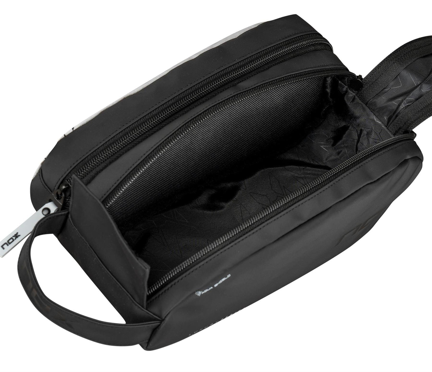The NOX Luxury Travel Kit Bag - Black/Grey by NOX features a durable, spacious interior with subtle patterns, a handy side handle, and zipper closure—ideal for travel or as a stylish traditional padel bag.