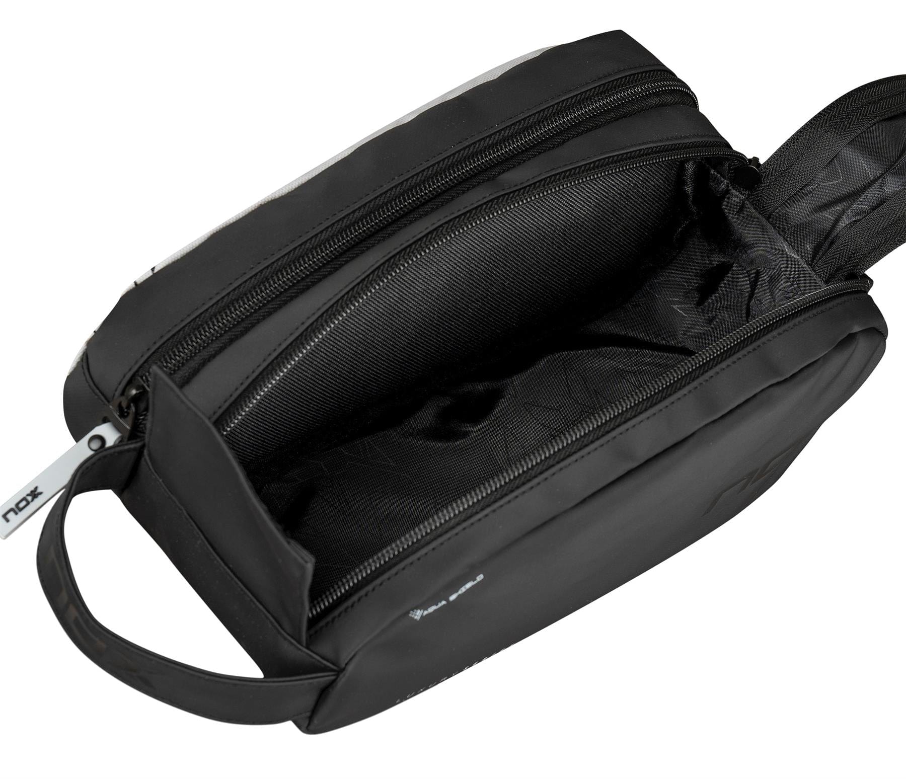 The NOX Luxury Travel Kit Bag - Black/Grey by NOX features a durable, spacious interior with subtle patterns, a handy side handle, and zipper closure—ideal for travel or as a stylish traditional padel bag.