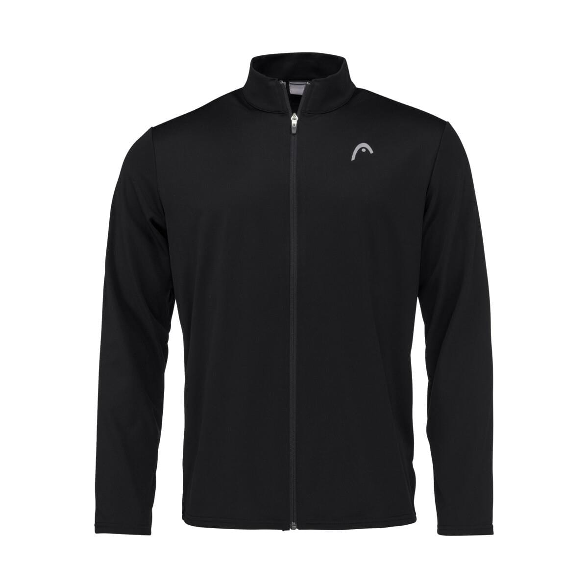 A black long-sleeve jacket from HEAD, featuring a full front zipper and standing collar. Designed with Moisture Transfer Microfiber technology, it has a subtle white logo on the left chest. This sporty and minimalist piece is the perfect match for your favorite padel tracksuit, embodying both style and functionality in the HEAD Club Men's Easy Court Tracksuit - Black collection.