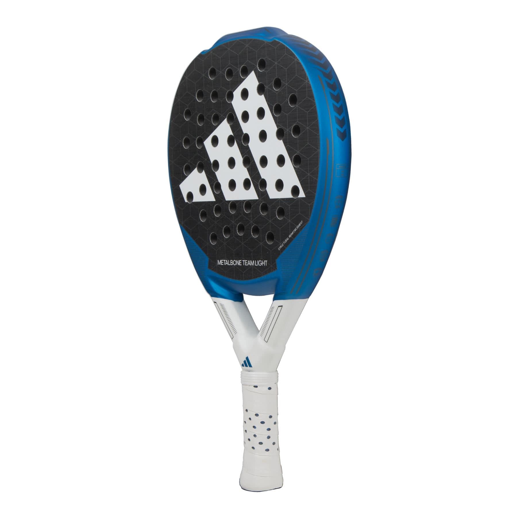 Introducing the ADIDAS Metalbone Team Light 3.3 Padel Racket - Blue, featuring a striking blue and black design with a perforated rounded head that incorporates Spin Blade Grit technology. The handle sports a white color with a black grid pattern and displays the iconic adidas logo in blue, along with the bold "METALBONE TEAM LIGHT" text to highlight its improved Soft Performance EVA play capabilities.