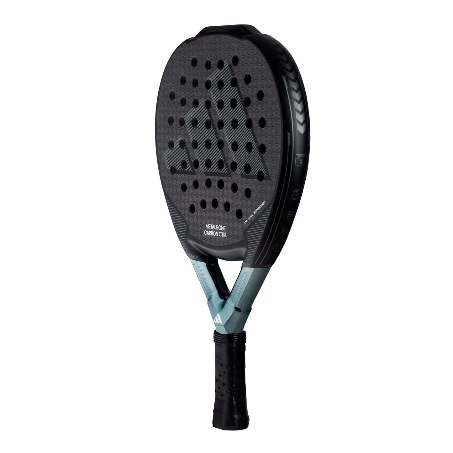 The adidas ADIDAS Metalbone Carbon CTRL 3.3 Padel Racket in black features a textured surface with multiple holes, a black grip handle, and turquoise accents. Made with 6K Carbon and Spin Blade Decal for enhanced performance on the court.