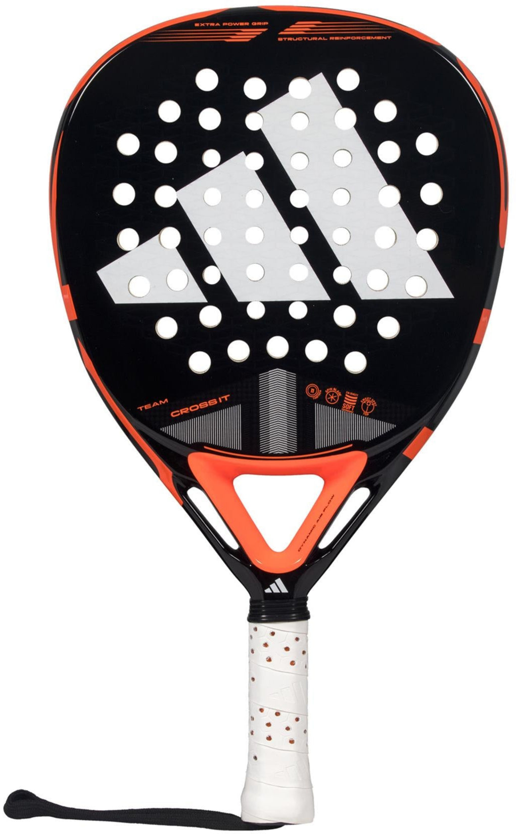 The ADIDAS Cross It Team 3.4 Padel Racket by adidas, in black and orange, boasts a large central logo, white accents, and perforations for airflow. Its fiberglass construction includes a handle wrapped in white with red dots and features a wrist strap.