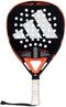 The ADIDAS Cross It Team 3.4 Padel Racket by adidas, in black and orange, boasts a large central logo, white accents, and perforations for airflow. Its fiberglass construction includes a handle wrapped in white with red dots and features a wrist strap.