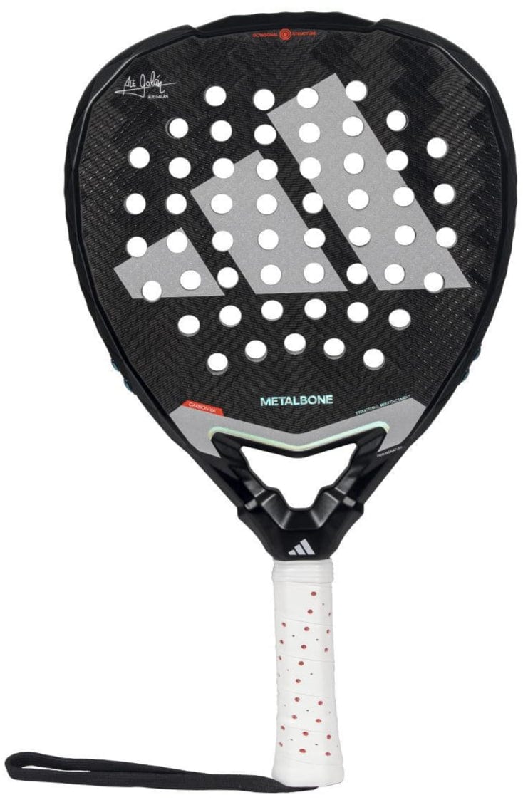 The adidas Metalbone 3.4 Padel Racket in black and white is ideal for advanced players, featuring a structured design with large white triangles, multiple perforations, and a textured grip. It includes a wrist strap at the handle's base for secure play.