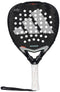 The adidas Metalbone 3.4 Padel Racket in black and white is ideal for advanced players, featuring a structured design with large white triangles, multiple perforations, and a textured grip. It includes a wrist strap at the handle's base for secure play.