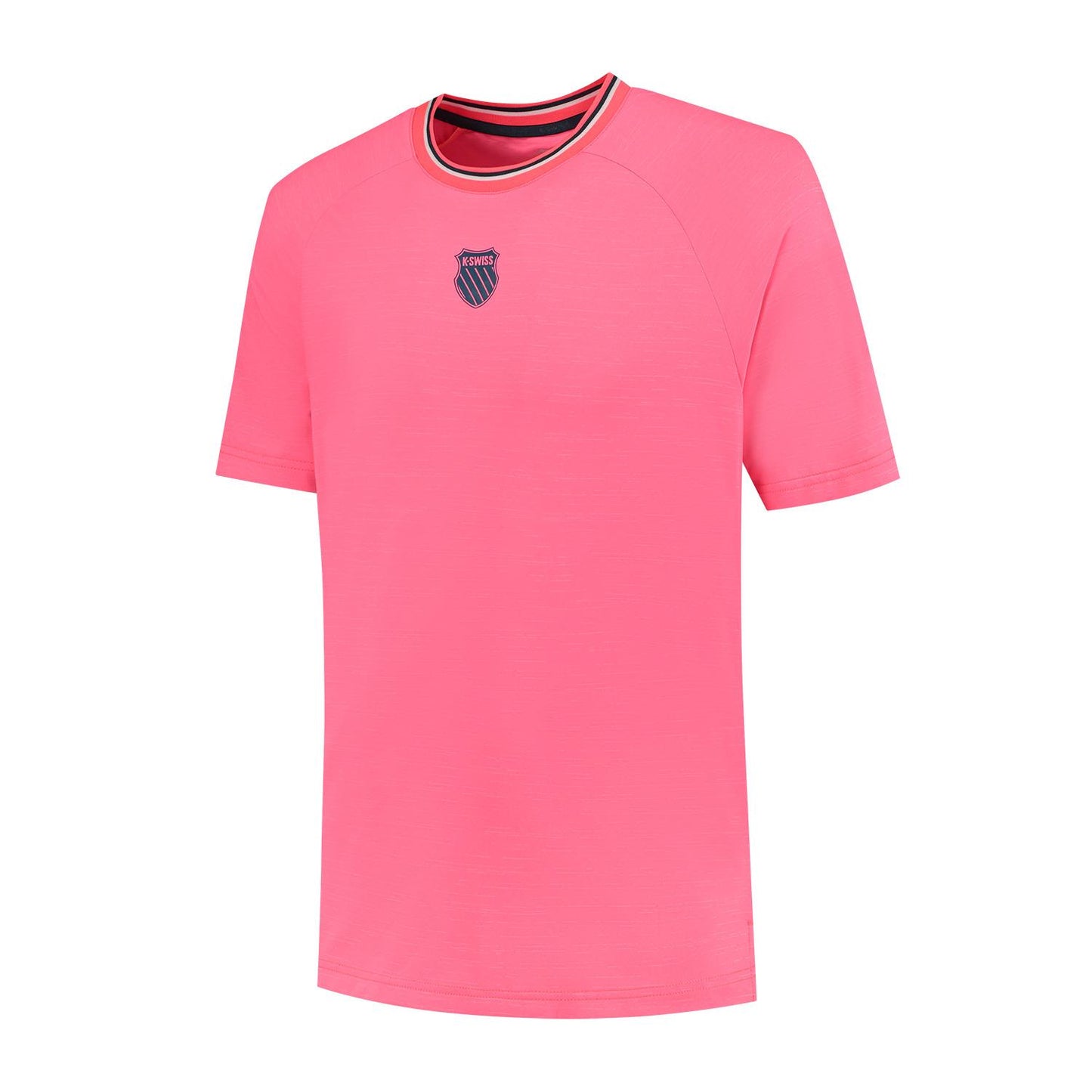 The K-Swiss Hypercourt Men's Melange 3 Padel T-Shirt in bright pink is designed for performance players, featuring a round neckline with a navy and red striped inner band and a small navy and white emblem on the left chest. It has short sleeves and a clean design, perfect for any men's padel match.