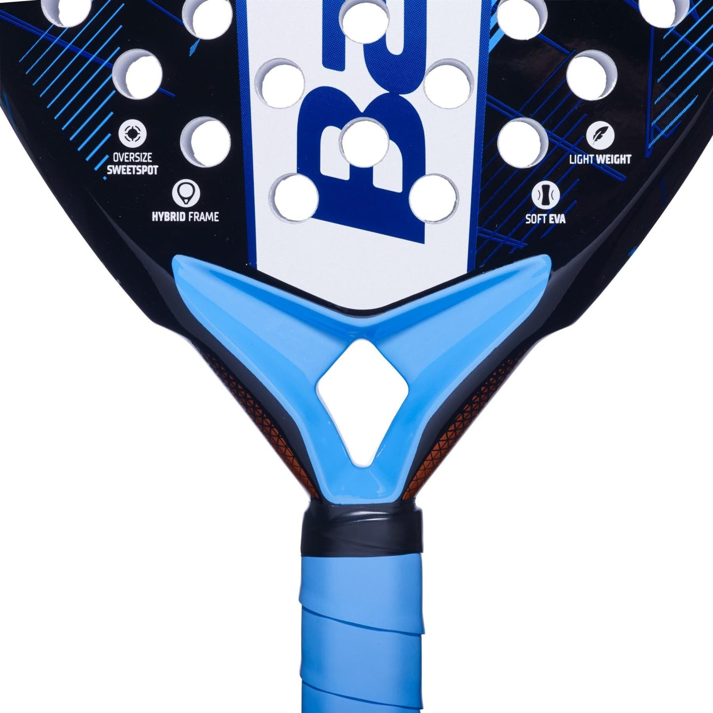 Close-up of the Babolat Air Origin Padel Racket - Blue by Babolat, showing its grip and face with circular holes, oversized sweet spot, hybrid frame, lightweight design, and soft EVA for versatile padel play.