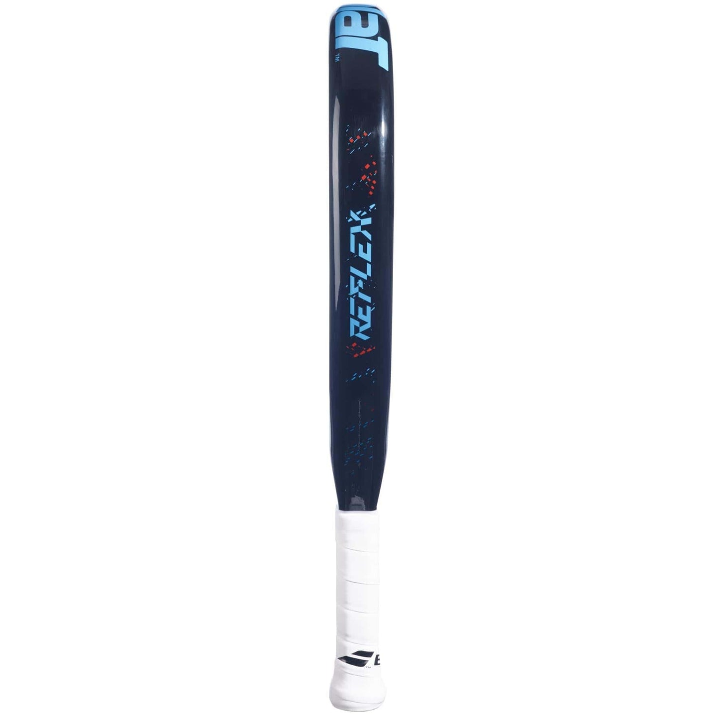 Side view of the Babolat Reflex Padel Racket in black and blue, showcasing its diamond-shaped head. The carbon fiber composite frame is adorned with "Reflex," and the handle is wrapped in white grip tape.