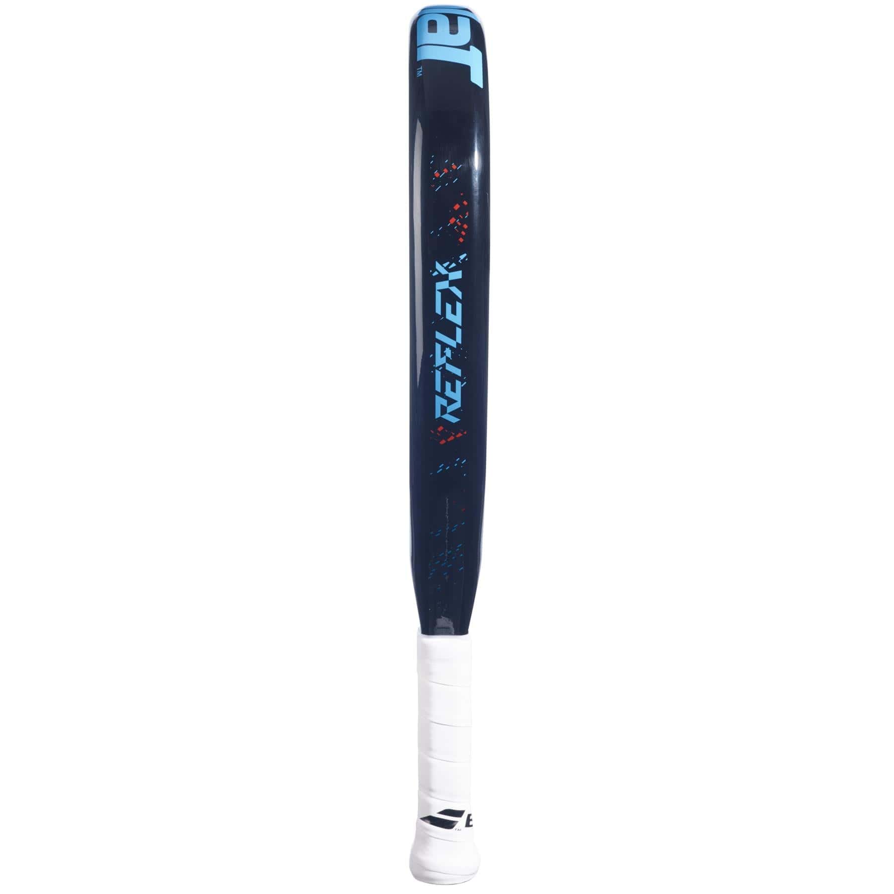 Side view of the Babolat Reflex Padel Racket in black and blue, showcasing its diamond-shaped head. The carbon fiber composite frame is adorned with "Reflex," and the handle is wrapped in white grip tape.