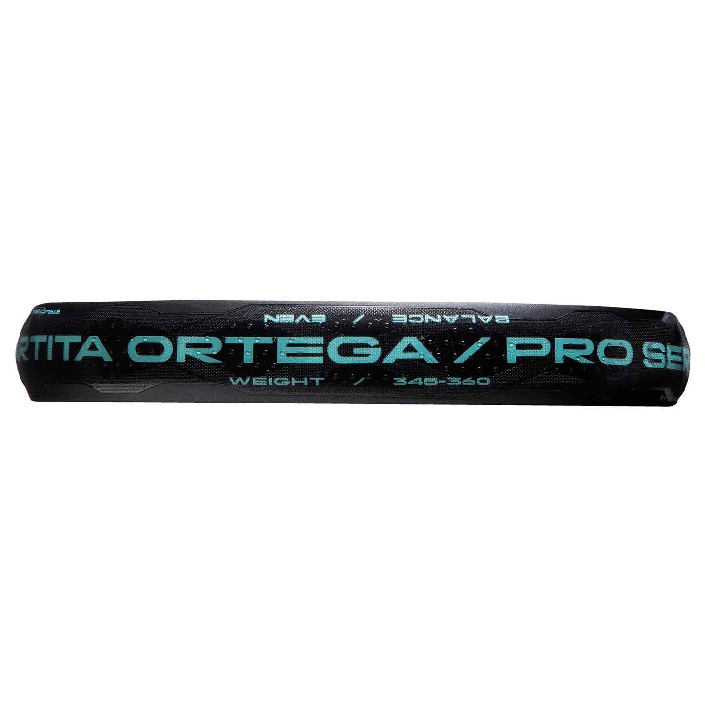 A close-up of a black ADIDAS Cross It Light Padel Racket handle with turquoise text that reads "ADIDAS" and "CROSS IT SERIES." Boasting a textured surface for lightweight control, this racket has weight specifications of "345-360.