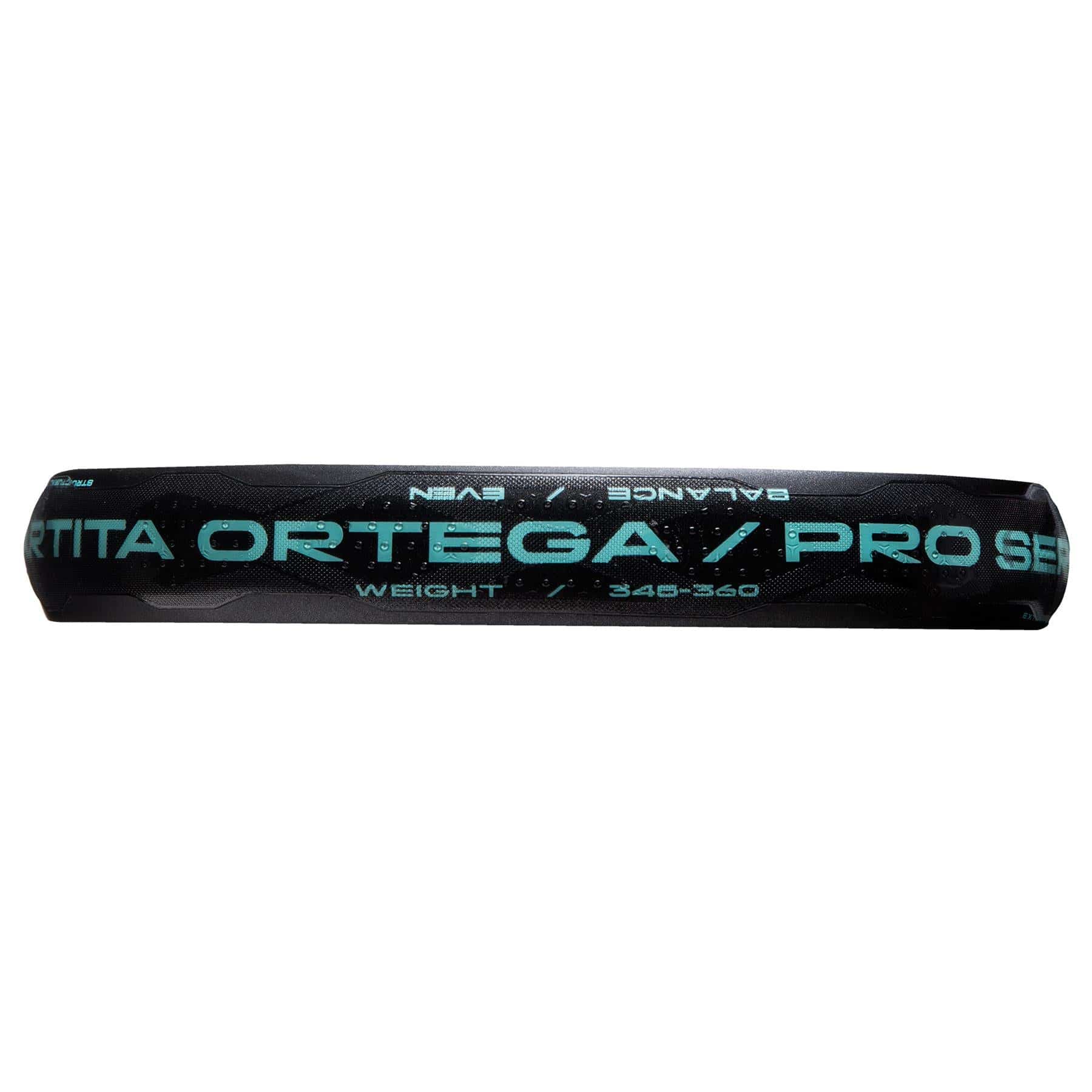 A close-up of a black ADIDAS Cross It Light Padel Racket handle with turquoise text that reads "ADIDAS" and "CROSS IT SERIES." Boasting a textured surface for lightweight control, this racket has weight specifications of "345-360.