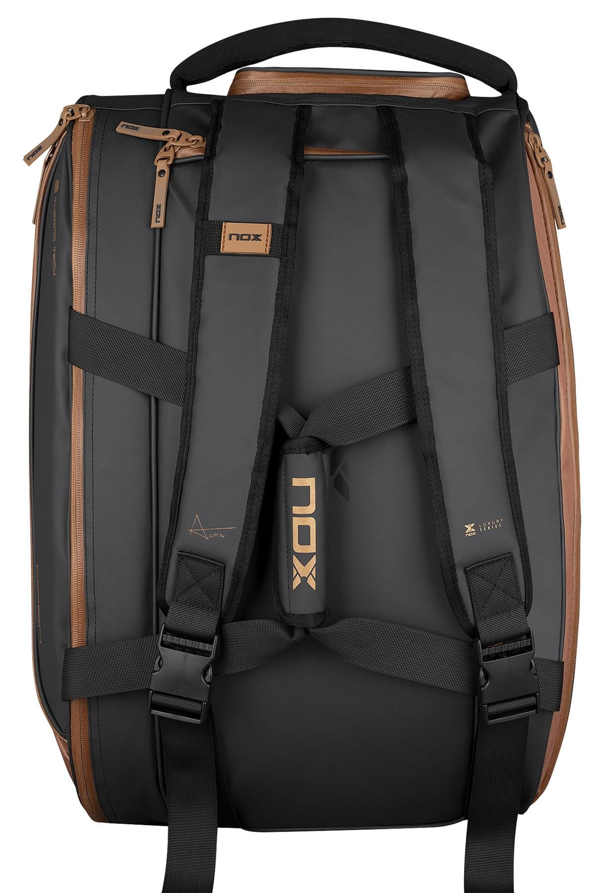 The NOX Luxury Open Series Padel Racket Bag in black and brown is shown from the back, with padded shoulder straps, zippered compartments, a sturdy top handle, and the NOX logo on both the bag and straps.