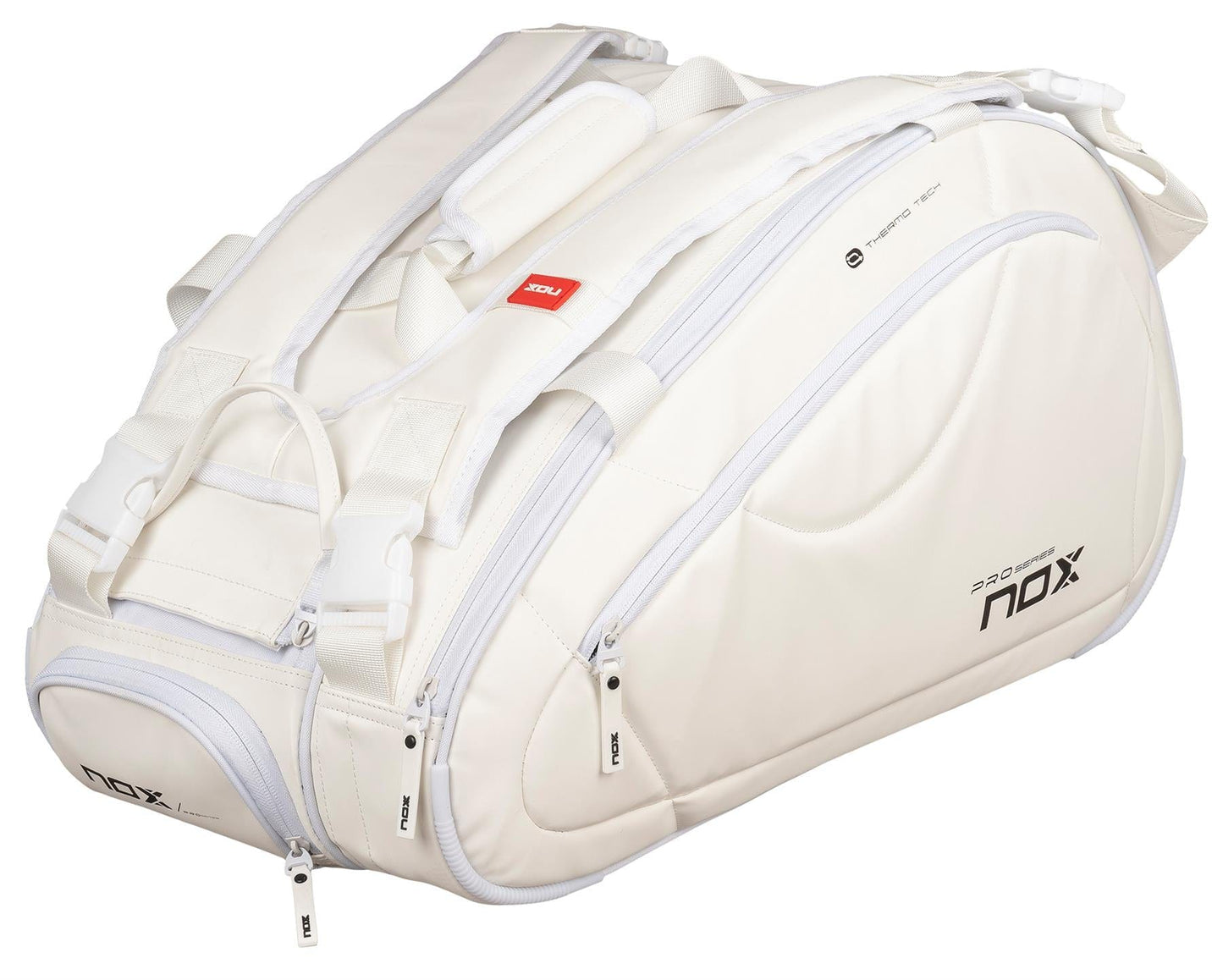 The NOX Pro Series Padel Racket Bag - White is a spacious bag with multiple zippered compartments, padded straps, and ThermoTech technology for extra protection—perfect for carrying athletic gear.