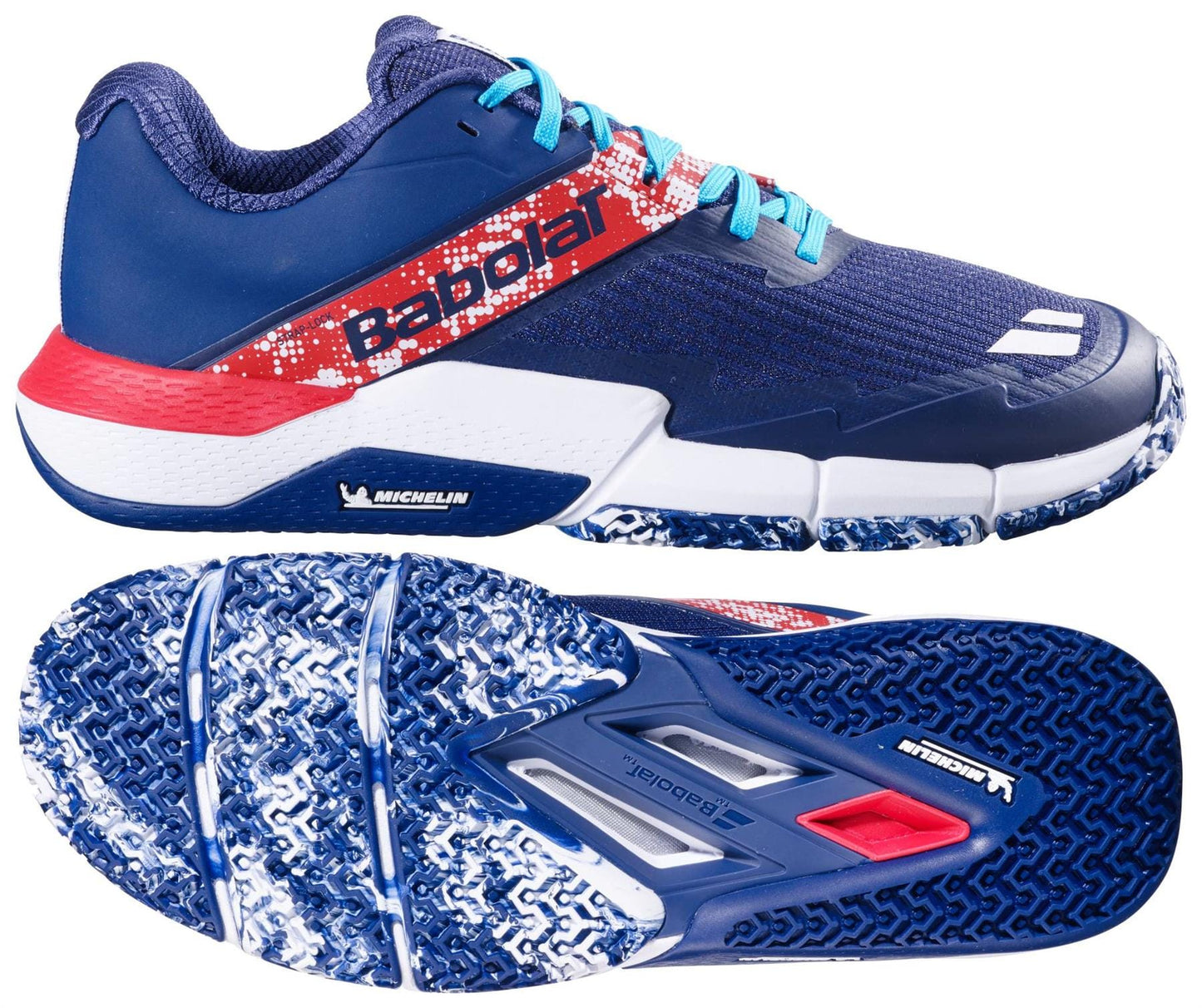 The Babolat Movea 2 Men's Padel Shoes in dark blue with chilli red and white accents feature turquoise laces, durable Michelin rubber soles with textured tread, and display the Michelin logo.