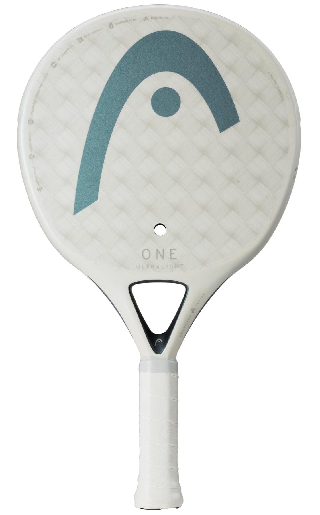 The HEAD One Ultralight Padel Racket - White, designed by HEAD, showcases a light blue arc logo on its diamond-patterned surface and features a textured white handle. It is enhanced with Auxetic technology for improved performance.