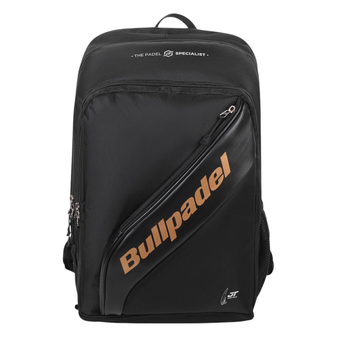The stylish Bullpadel Vertex 25 Padel Backpack in black is ideal for tennis gear, featuring a large front zippered pocket with "Bullpadel" in bold orange, "The Padel Specialist" at the top, and mesh side pockets plus multiple zippers for added functionality.